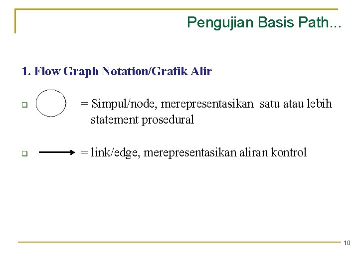 Pengujian Basis Path. . . 1. Flow Graph Notation/Grafik Alir = Simpul/node, merepresentasikan satu