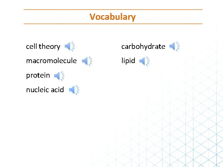 Vocabulary cell theory carbohydrate macromolecule lipid protein nucleic acid 