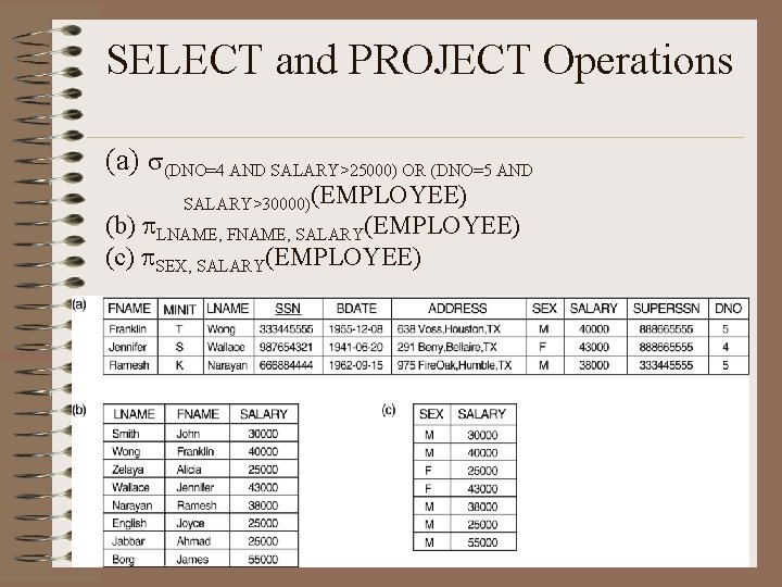 SELECT and PROJECT Operations (a) s(DNO=4 AND SALARY>25000) OR (DNO=5 AND SALARY>30000)(EMPLOYEE) (b) LNAME,