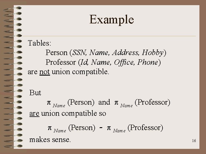 Example Tables: Person (SSN, Name, Address, Hobby) Professor (Id, Name, Office, Phone) are not