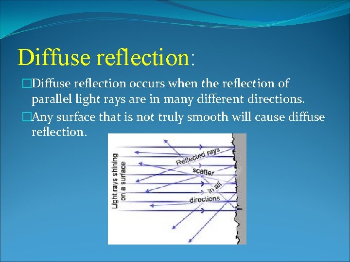 Diffuse reflection: �Diffuse reflection occurs when the reflection of parallel light rays are in