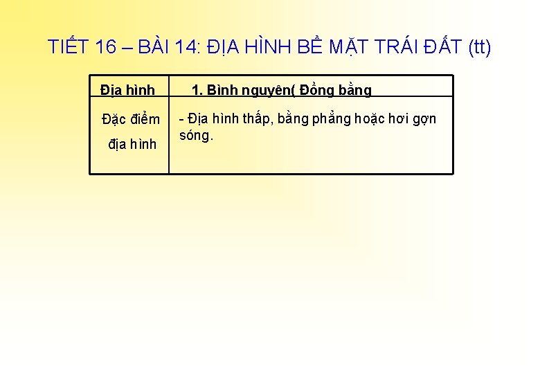 TIẾT 16 – BÀI 14: ĐỊA HÌNH BỀ MẶT TRÁI ĐẤT (tt) Địa hình