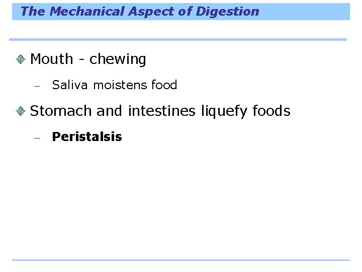 The Mechanical Aspect of Digestion Mouth - chewing – Saliva moistens food Stomach and