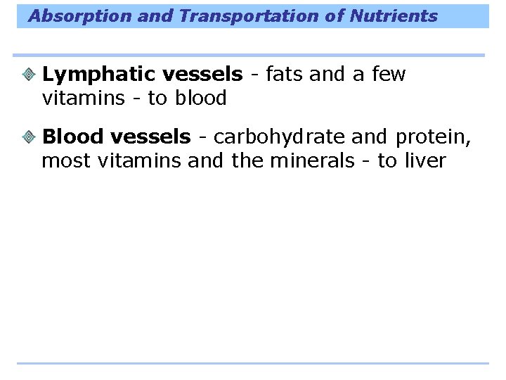 Absorption and Transportation of Nutrients Lymphatic vessels - fats and a few vitamins -
