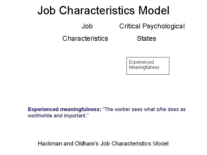 Job Characteristics Model Job Characteristics Critical Psychological States Experienced meaningfulness: ”The worker sees what