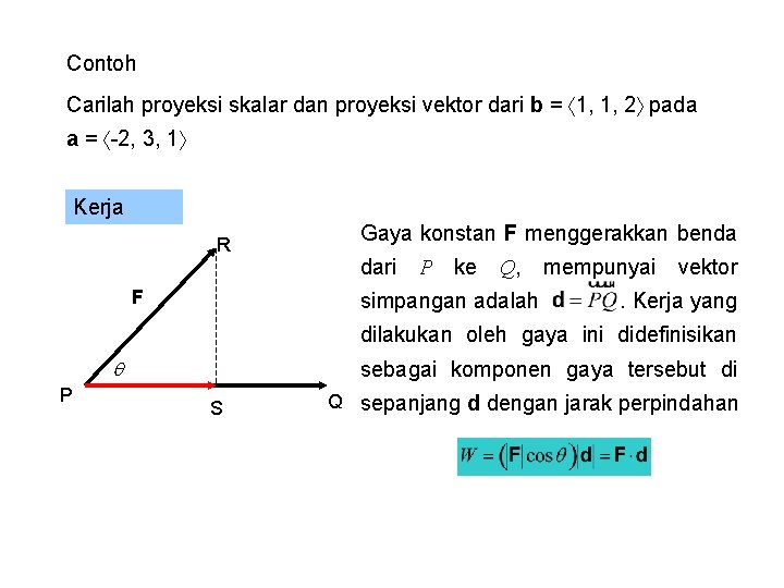 Contoh Carilah proyeksi skalar dan proyeksi vektor dari b = 1, 1, 2 pada