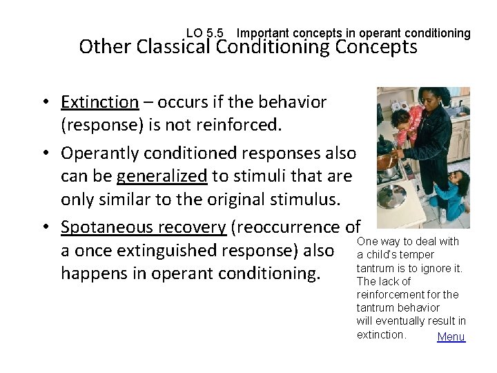 LO 5. 5 Important concepts in operant conditioning Other Classical Conditioning Concepts • Extinction