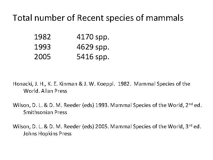 Total number of Recent species of mammals 1982 1993 2005 4170 spp. 4629 spp.