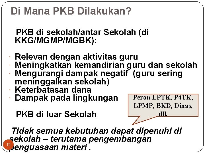 Di Mana PKB Dilakukan? PKB di sekolah/antar Sekolah (di KKG/MGMP/MGBK): Relevan dengan aktivitas guru