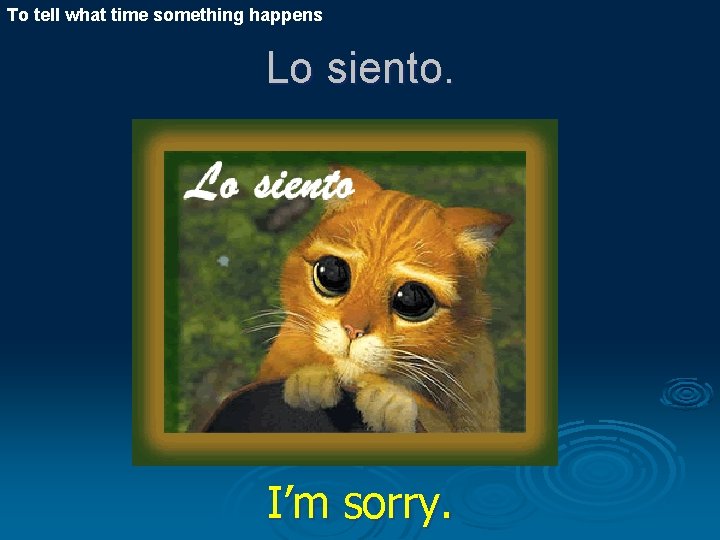 To tell what time something happens Lo siento. I’m sorry. 