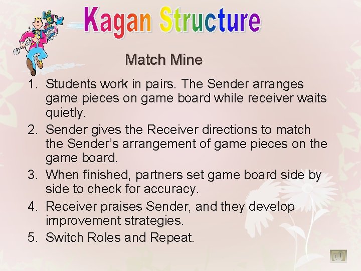 Match Mine 1. Students work in pairs. The Sender arranges game pieces on game