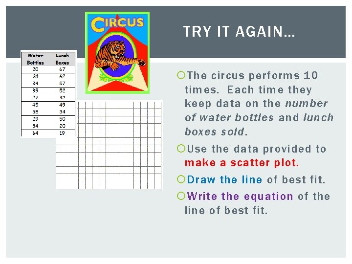 TRY IT AGAIN… The circus performs 10 times. Each time they keep data on