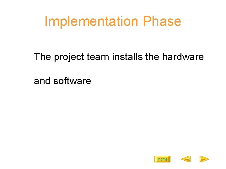 Implementation Phase The project team installs the hardware and software home 
