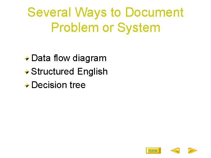 Several Ways to Document Problem or System Data flow diagram Structured English Decision tree