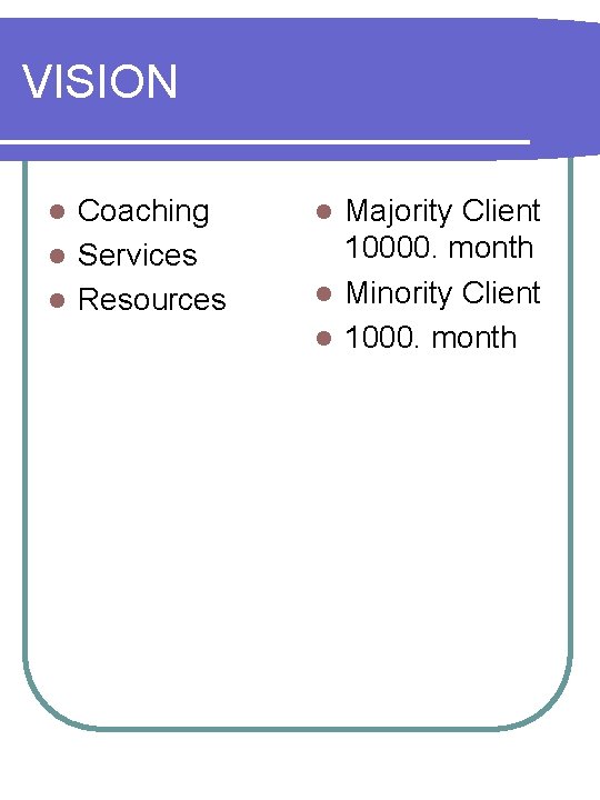 VISION Coaching l Services l Resources l Majority Client 10000. month l Minority Client
