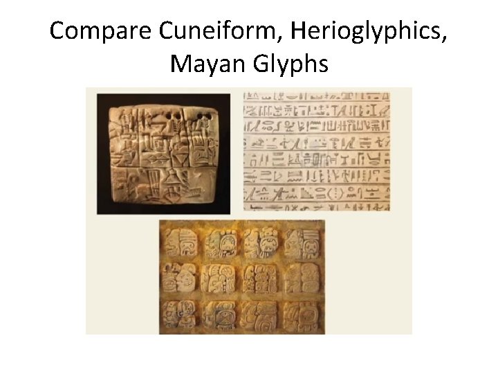 Compare Cuneiform, Herioglyphics, Mayan Glyphs 