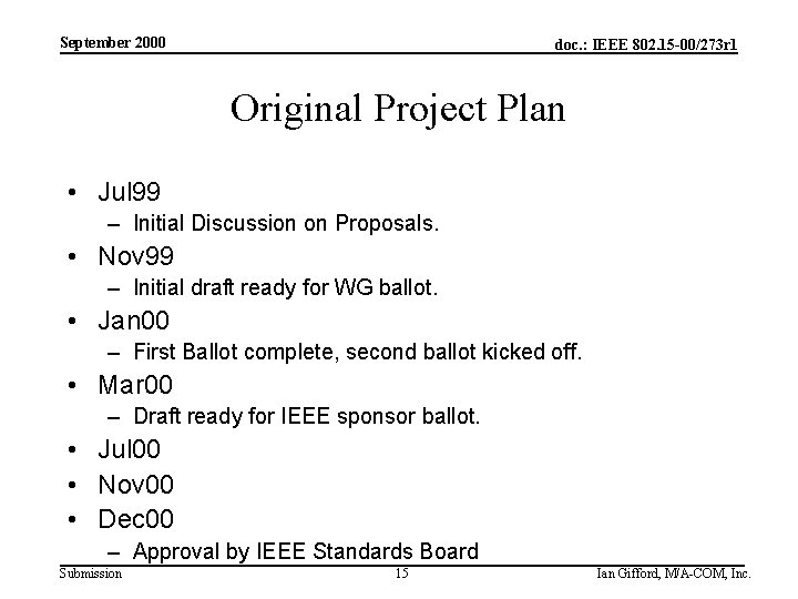 September 2000 doc. : IEEE 802. 15 -00/273 r 1 Original Project Plan •