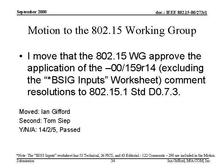 September 2000 doc. : IEEE 802. 15 -00/273 r 1 Motion to the 802.