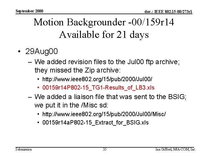 September 2000 doc. : IEEE 802. 15 -00/273 r 1 Motion Backgrounder -00/159 r