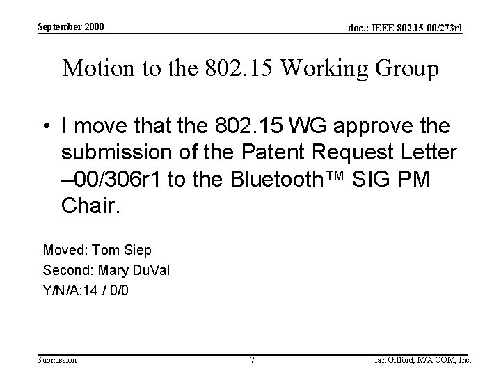 September 2000 doc. : IEEE 802. 15 -00/273 r 1 Motion to the 802.