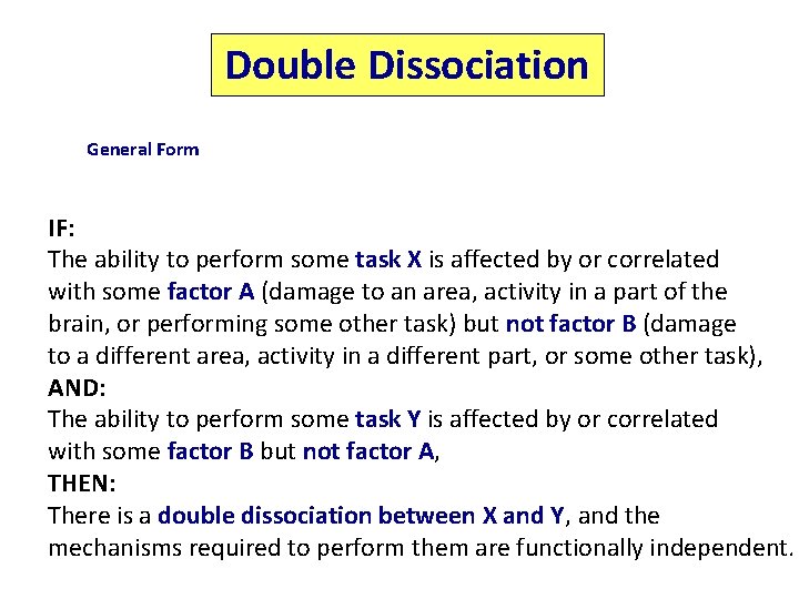 Double Dissociation General Form IF: The ability to perform some task X is affected