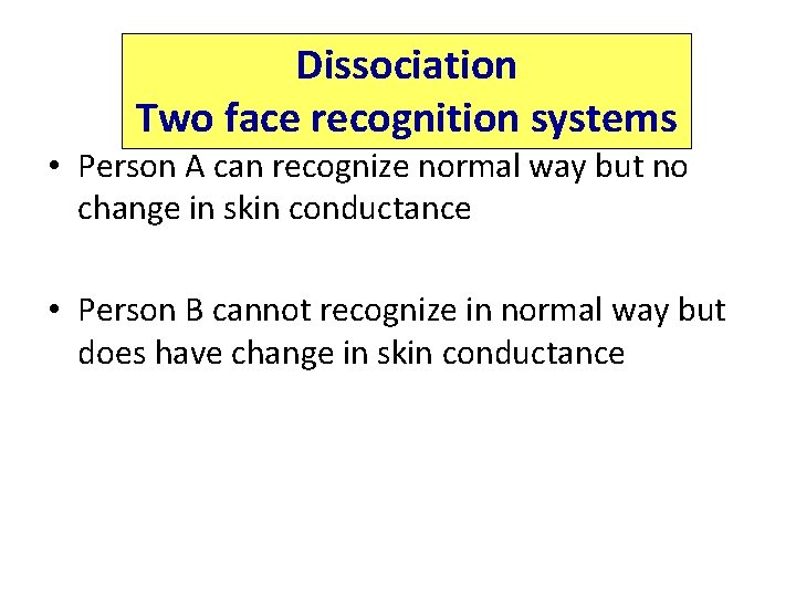Dissociation Two face recognition systems • Person A can recognize normal way but no