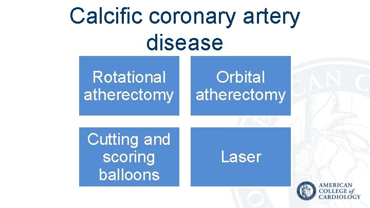 Calcific coronary artery disease Rotational atherectomy Orbital atherectomy Cutting and scoring balloons Laser 