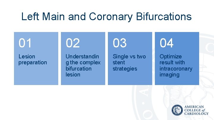 Left Main and Coronary Bifurcations 01 02 03 04 Lesion preparation Understandin g the