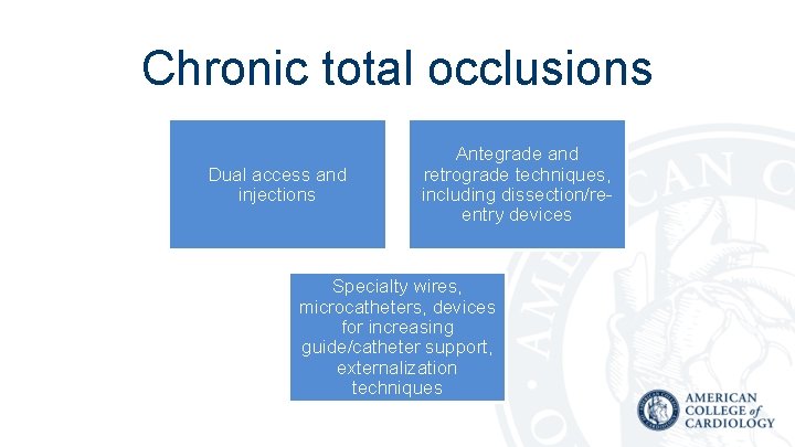 Chronic total occlusions Dual access and injections Antegrade and retrograde techniques, including dissection/reentry devices