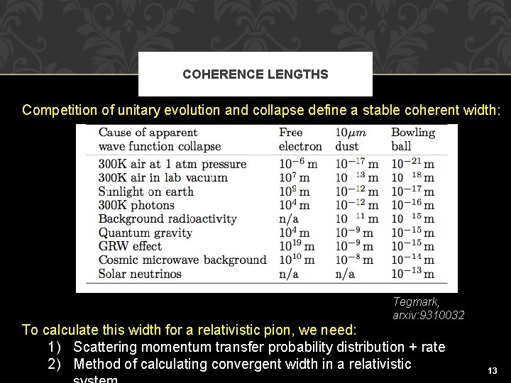 COHERENCE LENGTHS Competition of unitary evolution and collapse define a stable coherent width: Tegmark,