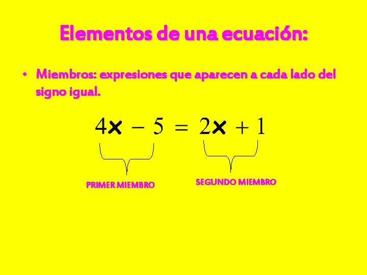 Elementos de una ecuación: • Miembros: expresiones que aparecen a cada lado del signo