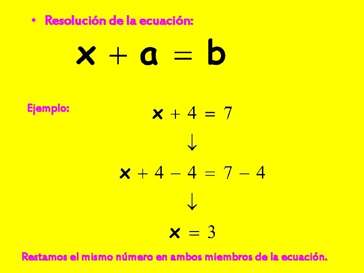  • Resolución de la ecuación: Ejemplo: Restamos el mismo número en ambos miembros