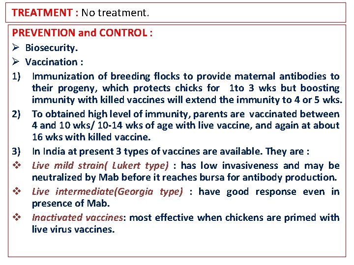 TREATMENT : No treatment. PREVENTION and CONTROL : Ø Biosecurity. Ø Vaccination : 1)