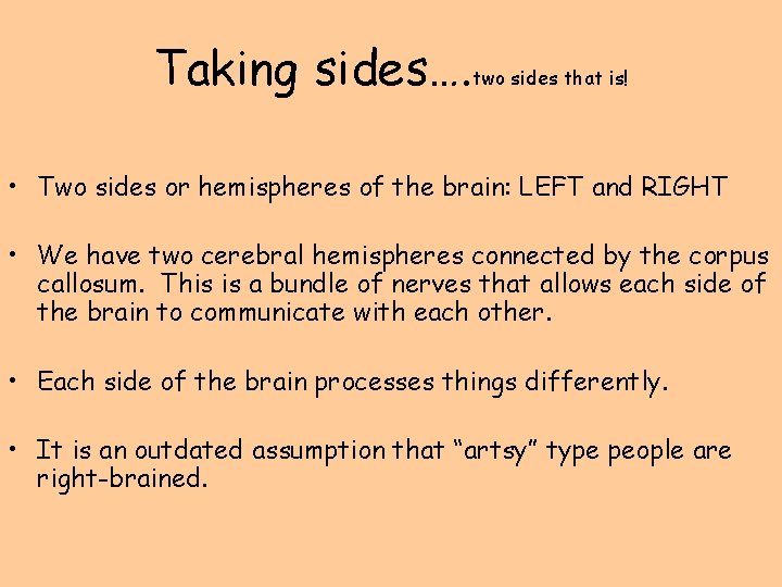 Taking sides…. two sides that is! • Two sides or hemispheres of the brain: