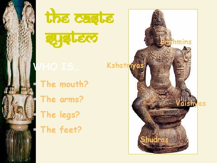 The Caste System WHO IS… Brahmins Kshatriyas § The mouth? § The arms? Vaishyas