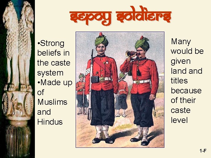 Sepoy soldiers • Strong beliefs in the caste system • Made up of Muslims