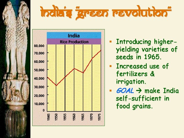India’s “Green Revolution” § Introducing higheryielding varieties of seeds in 1965. § Increased use