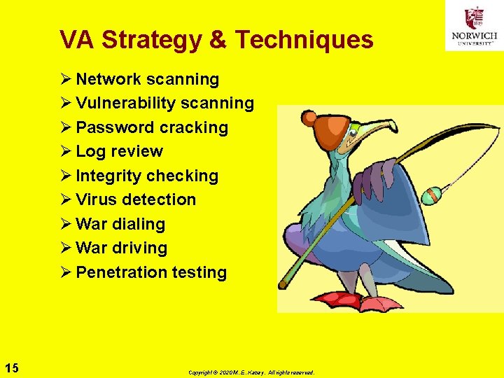 VA Strategy & Techniques Ø Network scanning Ø Vulnerability scanning Ø Password cracking Ø