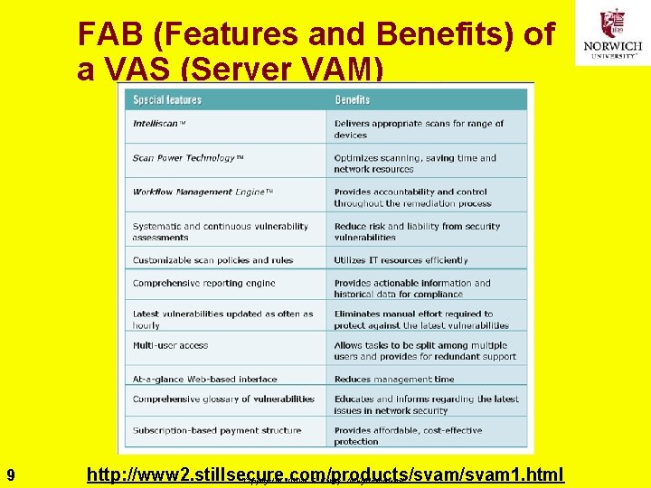 FAB (Features and Benefits) of a VAS (Server VAM) 9 http: //www 2. stillsecure.
