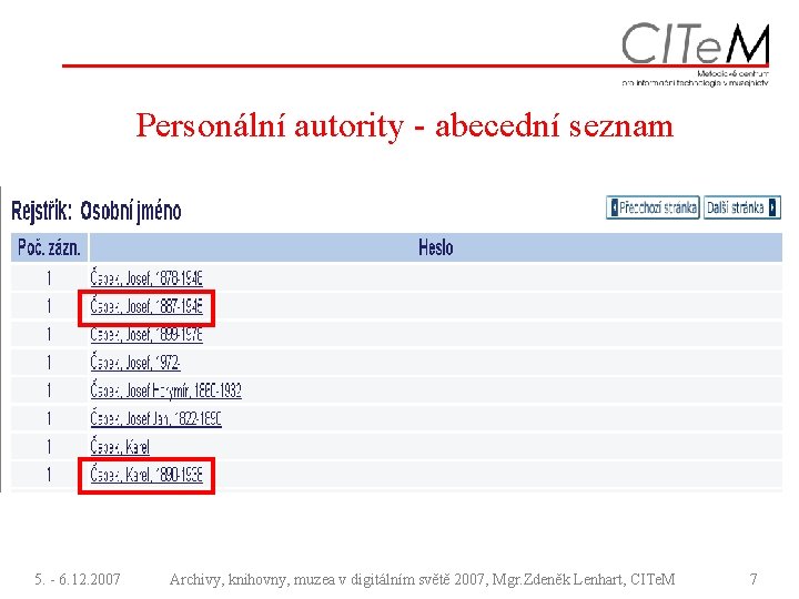 Personální autority - abecední seznam 5. - 6. 12. 2007 Archivy, knihovny, muzea v