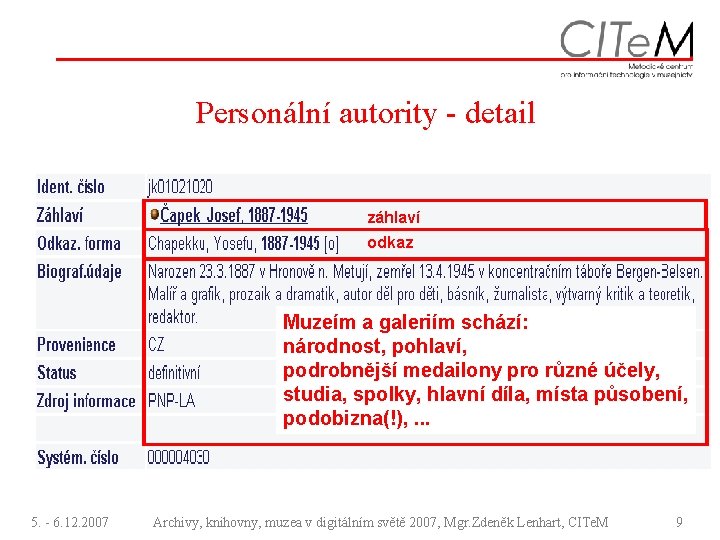 Personální autority - detail záhlaví odkaz Muzeím a galeriím schází: národnost, pohlaví, podrobnější medailony