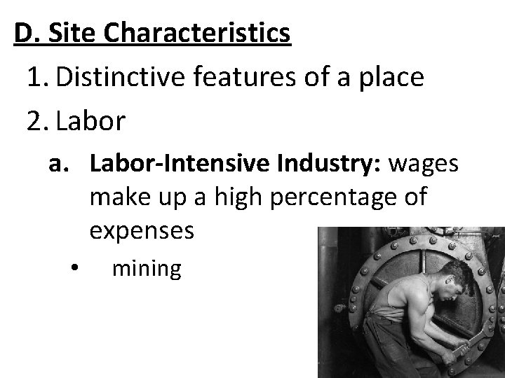D. Site Characteristics 1. Distinctive features of a place 2. Labor a. Labor-Intensive Industry: