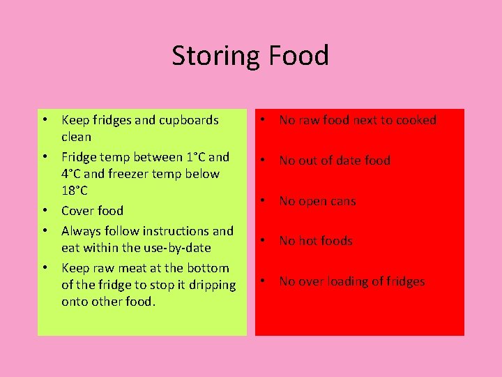 Storing Food • Keep fridges and cupboards clean • Fridge temp between 1°C and