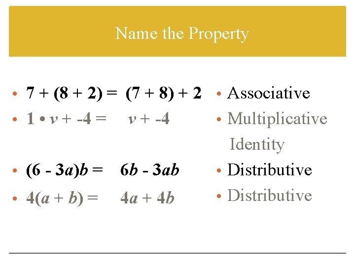 Name the Property • 7 + (8 + 2) = (7 + 8) +