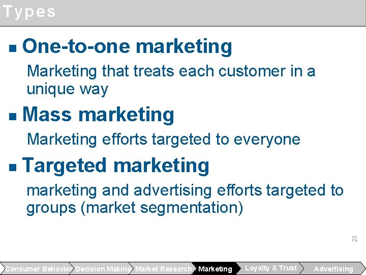 Types n One-to-one marketing Marketing that treats each customer in a unique way n