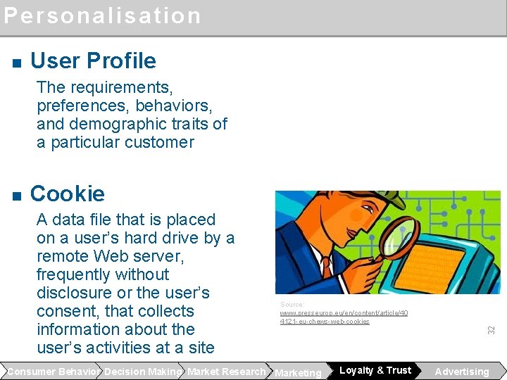 Personalisation n User Profile The requirements, preferences, behaviors, and demographic traits of a particular