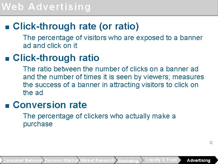 Web Advertising n Click-through rate (or ratio) The percentage of visitors who are exposed