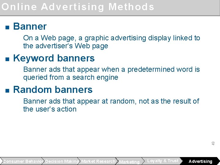 Online Advertising Methods n Banner On a Web page, a graphic advertising display linked