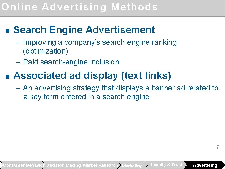 Online Advertising Methods n Search Engine Advertisement – Improving a company’s search-engine ranking (optimization)