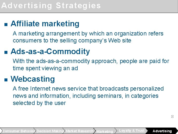 Advertising Strategies n Affiliate marketing A marketing arrangement by which an organization refers consumers